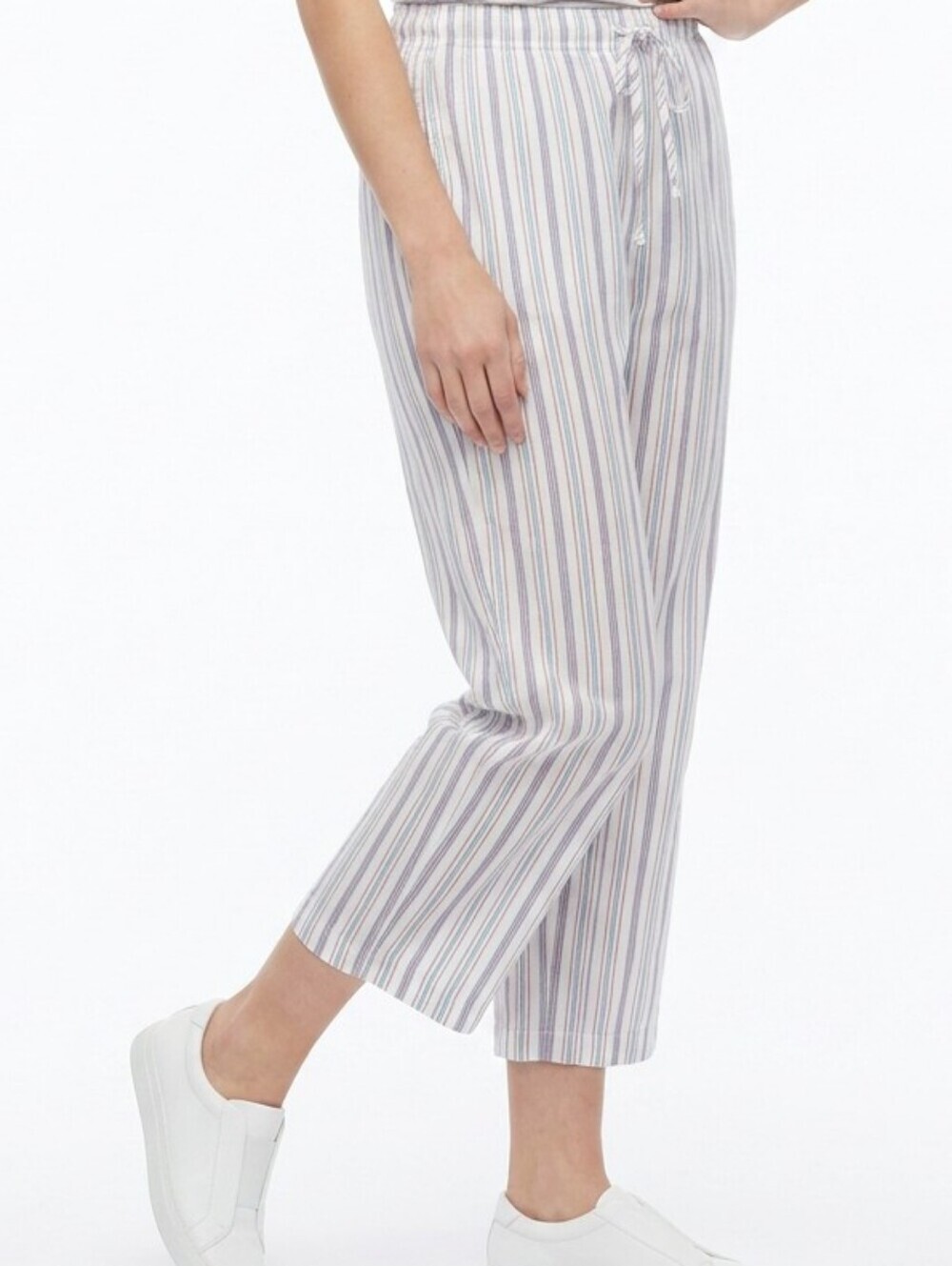 Women's PREMISE 3X White Blue Striped Ankle Crop Lightweight Pajama Lounge Pants